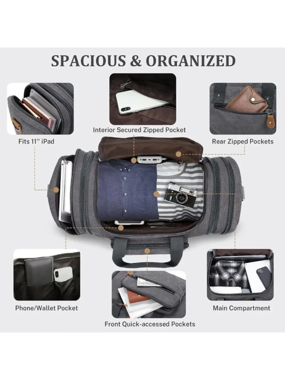 Expandable 60L Canvas Duffle Bag - Stylish Travel Overnight Weekender Tote